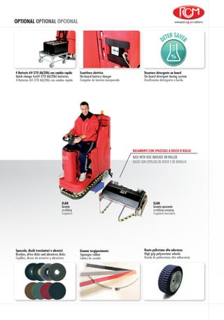 OPTIONAL OPTIONAL OPCIONAL
Scuotitore elettrico
Cargador de batería incorporado
On-board battery charger
Gomme tergipavimento
Squeegee rubber
Labios de secado
4 Baterías 6V-270 Ah(20h) con cambio rápido
4 Batterie 6V-270 Ah(20h) con cambio rapido
Quick-change 4x6V-270 Ah(20h) batteries
Cepillos, discos de arrastre y abrasivos
Spazzole, dischi trascinatori e abrasivi
Brushes, drive disks and abrasives disks
Rueda de poliuretano alta adherencia
Ruote poliretano alta aderenza
High grip polyuretane wheels
Dosatore detergente on board
On board detergent dosing system
Dosificación detergente a bordo
BASAMENTI CON SPAZZOLE A DISCO O RULLO
BASES CON CEPILLOS DE DISCO Y DE RODILLO
BASE WITH DISC BRUSHES OR ROLLER
fregadora
lavante
scrubbing
ELAN
fregadora-barredora
lavante-spazzante
scrubbing-sweeping
ELAN
 