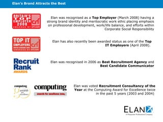 Elan’s Brand Attracts the Best  Elan was voted  Recruitment Consultancy of the Year  at the Computing Award for Excellence twice in the past 5 years (2003 and 2004)   Elan was recognised in 2006 as  Best Recruitment Agency  and  Best Candidate Communicator Elan was recognised as a  Top Employer  (March 2008) having a strong brand identity and meritocratic work ethic placing emphasis on professional development, work/life balance, and efforts within Corporate Social Responsibility Elan has also recently been awarded status as one of the  Top IT Employers  (April 2008).   