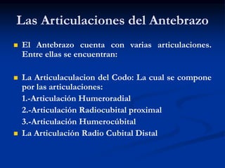 Las Articulaciones del Antebrazo
 El Antebrazo cuenta con varias articulaciones.
Entre ellas se encuentran:
 La Articulaculacion del Codo: La cual se compone
por las articulaciones:
1.-Articulación Humeroradial
2.-Articulación Radiocubital proximal
3.-Articulación Humerocúbital
 La Articulación Radio Cubital Distal
 