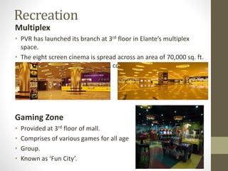 Recreation
Multiplex
• PVR has launched its branch at 3rd floor in Elante’s multiplex
space.
• The eight screen cinema is spread across an area of 70,000 sq. ft.
and will have the highest screen count in Chandigarh.
Gaming Zone
• Provided at 3rd floor of mall.
• Comprises of various games for all age
• Group.
• Known as ‘Fun City’.
 