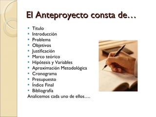 El Anteproyecto consta de… Titulo Introducción Problema Objetivos Justificación Marco teórico Hipótesis y Variables Aproximación Metodológica Cronograma Presupuesto Índice Final Bibliografía Analicemos cada uno de ellos…. 