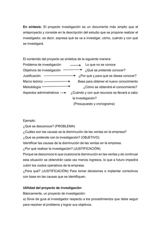 En síntesis: El proyecto investigación es un documento más amplio que el
anteproyecto y consiste en la descripción del estudio que se propone realizar el
investigador, es decir, expresa qué se va a investigar, cómo, cuándo y con qué
se investigará.
El contenido del proyecto se sintetiza de la siguiente manera:
Problema de investigación Lo que no se conoce
Objetivos de investigación ¿Qué se pretende conocer?
Justificación ¿Por qué y para qué se desea conocer?
Marco teórico Base para obtener el nuevo conocimiento
Metodología ¿Cómo se obtendrá el conocimiento?
Aspectos administrativos ¿Cuándo y con qué recursos se llevará a cabo
la investigación?
(Presupuesto y cronograma)
Ejemplo:
¿Qué se desconoce? (PROBLEMA)
¿Cuáles son las causas se la disminución de las ventas en la empresa?
¿Qué se pretende con la investigación? (OBJETIVO)
Identificar las causas de la disminución de las ventas en la empresa.
¿Por qué realizar la investigación? (JUSTIFICACIÓN)
Porque se desconoce lo que ocasiona la disminución en las ventas y de continuar
esta situación se obtendrán cada vez menos ingresos, lo que a futuro impedirá
cubrir los costos operativos de la empresa.
¿Para qué? (JUSTIFICACIÓN) Para tomar decisiones e implantar correctivos
con base en las causas que se identifiquen.
Utilidad del proyecto de investigación
Básicamente, un proyecto de investigación:
a) Sirve de guía al investigador respecto a los procedimientos que debe seguir
para resolver el problema y lograr sus objetivos.
 