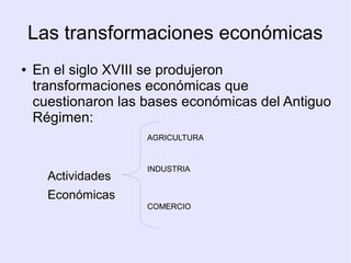 Las transformaciones económicas
●   En el siglo XVIII se produjeron
    transformaciones económicas que
    cuestionaron las bases económicas del Antiguo
    Régimen:
                     AGRICULTURA


                     INDUSTRIA
      Actividades
      Económicas
                     COMERCIO
 