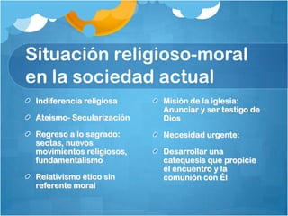 Situación religioso-moral
en la sociedad actual
Indiferencia religiosa
Ateismo- Secularización
Regreso a lo sagrado:
sectas, nuevos
movimientos religiosos,
fundamentalismo

Relativismo ético sin
referente moral

Misión de la iglesia:
Anunciar y ser testigo de
Dios
Necesidad urgente:
Desarrollar una
catequesis que propicie
el encuentro y la
comunión con Él

 