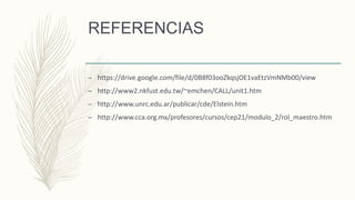 REFERENCIAS
– https://drive.google.com/file/d/0B8f03ooZkqsjOE1vaEtzVmNMb00/view
– http://www2.nkfust.edu.tw/~emchen/CALL/unit1.htm
– http://www.unrc.edu.ar/publicar/cde/Elstein.htm
– http://www.cca.org.mx/profesores/cursos/cep21/modulo_2/rol_maestro.htm
 