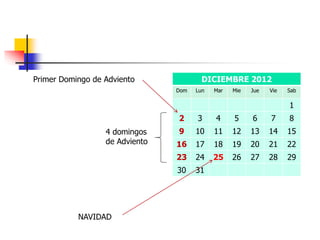 DICIEMBRE 2012 
Dom Lun Mar Mie Jue Vie Sab 
1 
2 3 4 5 6 7 8 
9 10 11 12 13 14 15 
16 17 18 19 20 21 22 
23 24 25 26 27 28 29 
30 31 
Primer Domingo de Adviento 
4 domingos 
de Adviento 
NAVIDAD 
 