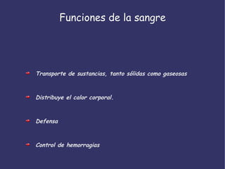 Funciones de la sangre Transporte de sustancias, tanto sólidas como gaseosas Distribuye el calor corporal. Defensa Control de hemorragias 