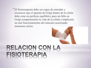 *El fisioterapeuta debe ser capaz de entender y
reconocer que el aparato de Golgi dentro de la célula
debe estar en perfecto equilibrio, pues un fallo en
Golgi comprometería la vida de la célula e implicaría
un mal funcionamiento del músculo acarreando
trastornos serios.
 