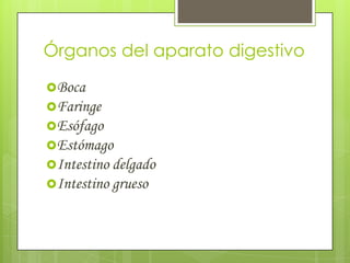 Órganos del aparato digestivo
Boca
Faringe
Esófago
Estómago
Intestino delgado
Intestino grueso

 