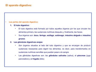 Las partes del aparato digestivo: El tubo digestivo: El tubo digestivo está formado por todos aquellos órganos por los que circulan los alimentos primero, las sustancias nutritivas después y, finalmente, las heces. Sus órganos son:  boca ,  faringe ,  esófago ,  estómago ,  intestino delgado  e  intestino grueso . Las glándulas digestivas anejas: Son órganos situados al lado del tubo digestivo y que se encargan de producir sustancias necesarias para digerir los alimentos, es decir, para transformarlos en sustancias nutritivas sencillas que puedan pasar a la sangre. Las glándulas digestivas son: las  glándulas salivales  (saliva), el  páncreas  (jugo pancreático) y el  hígado  (bilis). El aparato digestivo: 