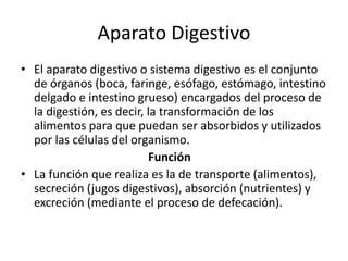 Aparato Digestivo
• El aparato digestivo o sistema digestivo es el conjunto
de órganos (boca, faringe, esófago, estómago, intestino
delgado e intestino grueso) encargados del proceso de
la digestión, es decir, la transformación de los
alimentos para que puedan ser absorbidos y utilizados
por las células del organismo.
Función
• La función que realiza es la de transporte (alimentos),
secreción (jugos digestivos), absorción (nutrientes) y
excreción (mediante el proceso de defecación).
 
