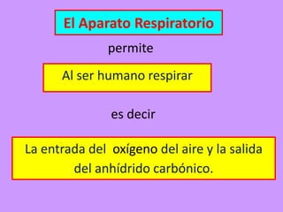 El Aparato Respiratorio
La entrada del oxígeno del aire y la salida
del anhídrido carbónico.
Al ser humano respirar
permite
es decir
 