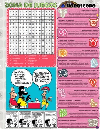 Aries (marzo 21 - abril 19)
                                                                         Buena época para comunicar tus necesidades en el hogar,
                                                                       lograr acuerdos laborales y tomar decisiones profesionales.
                                                                         Tiempo de crecimiento que te puede dar grandes logros
                                                                     personales y económicos. Cambios en tu forma de pensar y vivir.5
                                                  Tauro (abril 20 - mayo 20)
                                                     Estás un poco vulnerable y susceptible, puedes exagerar
                                                  cualquier cosa que suceda. Trata de tomar las cosas con calma.
                                                  Todo se acomoda favorablemente, es tiempo de fácil progreso
                                                     en cuestiones laborales y económicas. Éxitos personales.
                                                                                                          .

                                                                                                    Géminis (mayo 21 - junio 21)
                                                                      El subconsciente te envía mensajes para tus decisiones laborales,
                                                                       relájate, guarda silencio y escucha tu voz interior. Lo que hayas
                                                                       iniciado hace unos meses evolucionará con rápidos resultados.
                                                                                 Llegan tiempos de prosperidad y abundancia.


                                                    Cáncer (junio 22 - julio 22)
                                                  Fija tus prioridades y concéntrate en lo que realmente vale la
                                                  pena. No satures tu vida con más responsabilidades. Cambios
                                                      y evolución especialmente en tu hogar y entorno. Hay
                                                   optimismo y un gran anhelo de explorar nuevos horizontes.
                                                                                                          .

                                                                                                      Leo (julio 23 - agosto 22)
                                                                         Tu alegría y felicidad molesta a los limitados. Aléjate de gente
                                                                        negativa o pesimista que absorbe tu energía positiva. Época de
                                                                        grandes proyectos y buena fortuna. Mejoran tus ingresos y se
   Racismo            Discriminar    Negros                                    multiplica el trabajo. Invitaciones para viajar.

   Apartheid          Derechos       Mandela
   África             Segregación               Virgo (agosto 23 - septiembre 21)
                                                    Lucha por lo tuyo, saca la casta y pide lo que mereces, no te
   EstadosUnidos      Blancos                    quedes callada. Estás a un paso de lograr tus sueños. Recibes
                                                   buenas noticias sobre tu situación económica. Espera cambios
                                                         favorables en tu vida amorosa. Viajes en puerta.
                                                                                                           .

                                                                                           Libra (septiembre 22 - octubre 22)
                                                                         Si buscas cambios laborales, ve por ellos. La buena fortuna te
                                                                           favorece con mejores opciones y prosperidad económica.
                                                                         Algunos problemas o dificultades llegan a su fin seguidos de
                                                                              cambios completos en tu forma de ver y vivir la vida


                                                  Escorpión (octubre 23 - noviembre 21)
                                                        Tienes mucha claridad mental y con esto puedes hacer
                                                    elecciones claras y precisas en tu vida profesional y personal.
                                                       Excelente temporada para avances importantes. Si te lo
                                                    propones no habrá quien frene tu carrera hacia el éxito total.
                                                                                                          .

                                                                                     Sagitario (noviembre 22 - diciembre 21)
                                                                     Continúan los triunfos profesionales. La felicidad de hacer lo que
                                                                      amas te brinda la oportunidad de seguir creciendo. Escucha las
                                                                        nuevas propuestas que te hacen, confía más y arriésgate a
                                                                              probar nuevos caminos. Lucha por tus deseos.


                                                  Capricornio (diciembre 22 - enero 19)
                                                  Sé más fuerte que los acontecimientos, tú tienes el poder para
                                                  manejar tu mente y tus emociones. Es tiempo de avanzar. Vigila
                                                  tu temperamento y trata de controlarte ante las provocaciones
                                                                      de personas limitadas.
                                                                                                           .

                                                                                               Acuario (enero 20 - febrero 19)
                                                                         Piensa en tus intereses personales al momento de decidir
                                                                        sobre propuestas laborales. Estás en un periodo afortunado.
                                                                        No hables sobre tus planes o proyectos ya que otro los puede
                                                                          realizar antes que tú. No confundas amigo con conocido.


                                                  Piscis (febrero 20 - marzo 20)
                                                    Recibes reconocimientos por tus logros laborales. Mantén el
                                                   ritmo que acostumbras y mejorarán los ingresos económicos.
                                                    Sorpresas y novedades te harán crecer y tomar otro camino.
                                                    Ábrete a nuevas oportunidades y confía en tus capacidades.
                                                                                 .
 