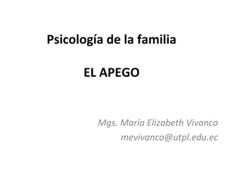 Psicología de la familia

      EL APEGO


         Mgs. María Elizabeth Vivanco
              mevivanco@utpl.edu.ec
 