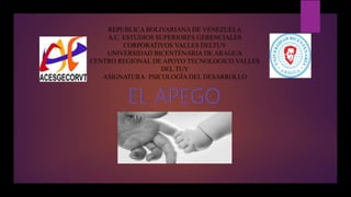 REPUBLICA BOLIVARIANA DE VENEZUELA
A.C. ESTUDIOS SUPERIORES GERENCIALES
CORPORATIVOS VALLES DELTUY
UNIVERSIDAD BICENTENARIA DE ARAGUA
CENTRO REGIONAL DE APOYO TECNOLOGICO VALLES
DEL TUY
ASIGNATURA: PSICOLOGÍA DEL DESARROLLO
 