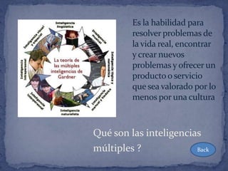Es la habilidad para
         resolver problemas de
         la vida real, encontrar
         y crear nuevos
         problemas y ofrecer un
         producto o servicio
         que sea valorado por lo
         menos por una cultura



Qué son las inteligencias
múltiples ?             Back
 