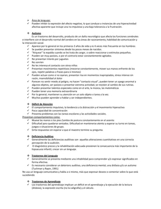  Área de lenguaje:
 Pueden inhibir la expresión del afecto negativo, lo que conduce a instancias de una hiperactividad
afectiva aparente que incluye una ira impulsiva y una baja tolerancia a la frustración.
 Autismo
Es un trastorno del desarrollo, producto de un daño neurológico que afecta las funciones cerebrales
e interfiere con el desarrollo normal del cerebro en las áreas de razonamiento, habilidad de comunicación y
la interacción social.
 Aparece por lo general en los primeros 3 años de vida y es 4 veces más frecuente en los hombres
 Se pueden presentar síntomas desde los pocos meses de nacidos.
 “Arquear" la espalda cuando se les trata de cargar, o sobre-reaccionar a estímulos pequeños.
 Pueden ser muy pasivos, o por el contrario estar constantemente agitados.
 No presentan interés por juguetes
 No sonríen
 No les interesa el contacto con otros niños
 Presentan movimientos repetitivos (mecerse constantemente, mover sus manos enfrente de los
ojos, repetir palabras o frases para sí mismos)
 Pueden actuar como si no oyeran, presentar risa en momentos inapropiados, stress intenso sin
razón, insensibilidad al dolor
 Parecen no sentir miedo al peligro, no hacen "contacto visual", pueden tener un apego anormal a
algunos objetos, ser pasivos o presentar extrema actividad, se resisten al cambio de sus rutinas.
 Pueden presentar talentos especiales como en el arte, la música, las matemáticas
 Pueden tener una memoria extraordinaria
 Por lo general, mantienen su atención en un solo objeto o tarea a la vez.
 Muchos pueden aprender a hablar y ser independientes.
 Déficit de Atención
 El comportamiento impulsivo, la tendencia a la distracción y el movimiento hiperactivo
 Poca capacidad de concentración
 Presenta problemas con las tareas escolares y las actividades sociales.
Presentan comportamientos como:
 Mueve las manos o los pies.Cambia de postura constantemente en el asiento
 Dificultad para quedarse sentados. Dificultad en mantenerse atento y esperar su turno en tareas,
juegos o situaciones de grupo.
 Grita respuestas sin esperar a que el maestro termine su pregunta.
 Deficiencia Auditiva
 Generalmente las deficiencias auditivas son aquellas alteraciones cuantitativas en una correcta
percepción de la audición.
 El diagnóstico precoz y la rehabilitación adecuada previenen la consecuencia más importante de la
hipoacusia infantil, crecer sin un lenguaje.
 Trastornos del Lenguaje
 Generalmente se presenta mediante una inhabilidad para comprender y/o expresar significados en
forma efectiva.
 Es necesario considerar un deterioro auditivo, una deficiencia mental, una disfasia y/o un autismo
(Tuchman y Rapin, 1991)
No usa un lenguaje comunicativo y habla a si mismo, más que expresar deseos o comentar sobre lo que está
sucediendo
 Trastornos de Aprendizaje
 Los trastornos del aprendizaje implican un déficit en el aprendizaje y la ejecución de la lectura
(dislexia), la expresión escrita (no la caligrafía) y el cálculo.
 