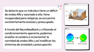 Se detecta que un individuo tiene un déficit
de ondas Alfa y asociado a ello, tiene
incapacidad para relajarse, se encuentra
constantemente ansioso y preocupado.
A través del Neurofeedback y utilizando el
condicionamiento operante, podemos
enseñar al cerebro a incrementar la
cantidad de ondas Alfa y así modificar los
síntomas de ansiedad y preocupación.
 