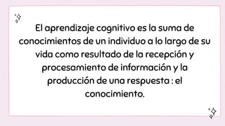 ón
Equilibrio
El aprendizaje cognitivo es la suma de
conocimientos de un individuo a lo largo de su
vida como resultado de la recepción y
procesamiento de información y la
producción de una respuesta : el
conocimiento.
 