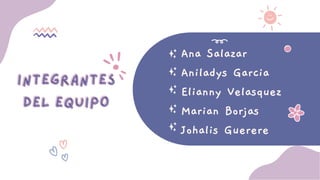 INTEGRANTES
INTEGRANTES
DEL EQUIPO
DEL EQUIPO
Ana Salazar
Aniladys Garcia
Elianny Velasquez
Marian Borjas
Johalis Guerere
 