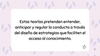 Estas teorías pretenden entender,
anticipar y regular la conducta a través
del diseño de estrategias que faciliten el
acceso al conocimiento.
 