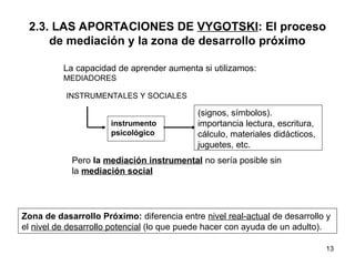 13
2.3. LAS APORTACIONES DE VYGOTSKI: El proceso
de mediación y la zona de desarrollo próximo
instrumento
psicológico
(signos, símbolos).
importancia lectura, escritura,
cálculo, materiales didácticos,
juguetes, etc.
La capacidad de aprender aumenta si utilizamos:
MEDIADORES
INSTRUMENTALES Y SOCIALES
Pero la mediación instrumental no sería posible sin
la mediación social
Zona de dasarrollo Próximo: diferencia entre nivel real-actual de desarrollo y
el nivel de desarrollo potencial (lo que puede hacer con ayuda de un adulto).
 