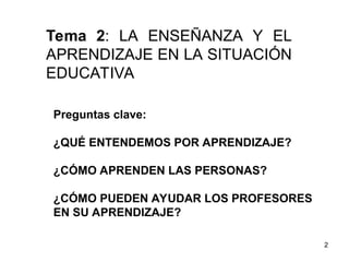 2
Preguntas clave:
¿QUÉ ENTENDEMOS POR APRENDIZAJE?
¿CÓMO APRENDEN LAS PERSONAS?
¿CÓMO PUEDEN AYUDAR LOS PROFESORES
EN SU APRENDIZAJE?
Tema 2: LA ENSEÑANZA Y EL
APRENDIZAJE EN LA SITUACIÓN
EDUCATIVA
 