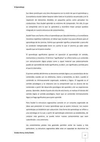 El Aprendizaje

Sus ideas constituyen una clara discrepancia con la visión de que el aprendizaje y
la enseñanza escolar deben basarse sobre todo en la práctica secuenciada y en la
repetición de elementos divididos en pequeñas partes como pensaban los
conductistas. Para Ausbel aprender es sinónimo de comprender. Por ello, lo que
se comprenda será lo que se aprenderá y recordara mejor porque quedara
integrado en nuestra estructura de conocimientos.
Ausbel hace una fuerte crítica al aprendizaje por descubrimiento y a la enseñanza
mecánica repetitiva tradicional, al indicar que resultan muy poco eficaces para el
aprendizaje de las ciencias. Estima que aprender significa comprender y para ello
es condición indispensable tener en cuenta lo que el alumno ya sabe sobre
aquello que se le quiere enseñar.
El aprendizaje significativo aparece en oposición al aprendizaje sin sentido,
memorístico o mecánico. El término “significativo” se refiere tanto a un contenido
con estructuración lógica propia como a aquel material que potencialmente
puede ser aprendido de modo significativo, es decir, con significado y sentido para
el que lo internaliza.
El primer sentido del término se denomina sentido lógico y es característico de los
contenidos cuando son no arbitrarios, claros y verosímiles, es decir, cuando el
contenido es intrínsecamente organizado, evidente y lógico. El segundo es el
sentido psicológico y se relaciona con la comprensión que se alcance de los
contenidos a partir del desarrollo psicológico del aprendiz y de sus experiencias
previas. Aprender, desde el punto de vista de esta teoría, es realizar el tránsito del
sentido lógico al sentido psicológico, hacer que un contenido intrínsecamente
lógico se haga significativo para quien aprende.
Para Ausbel la estructura cognoscitiva consiste en un conjunto organizado de
ideas que preexisten al nuevo aprendizaje que se quiere instaurar. Los nuevos
aprendizajes se establecen por subsunción. Esta forma de aprendizaje se refiere a
una estrategia en la cual, a partir de aprendizajes anteriores ya establecidos, de
carácter más genérico, se puede incluir nuevos conocimientos que sean
subordinales a las anteriores.
Los conocimientos previos más generales permiten anclar los nuevos y más
particulares. La estructura cognoscitiva debe estar en capacidad de discriminar los
Grados Horna, Carlos Rubén
18

 