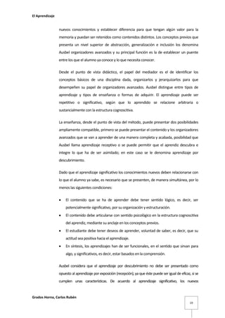 El Aprendizaje

nuevos conocimientos y establecer diferencia para que tengan algún valor para la
memoria y puedan ser retenidos como contenidos distintos. Los conceptos previos que
presenta un nivel superior de abstracción, generalización e inclusión los denomina
Ausbel organizadores avanzados y su principal función es la de establecer un puente
entre los que el alumno ya conoce y lo que necesita conocer.
Desde el punto de vista didáctico, el papel del mediador es el de identificar los
conceptos básicos de una disciplina dada, organizarlos y jerarquizarlos para que
desempeñen su papel de organizadores avanzados. Ausbel distingue entre tipos de
aprendizaje y tipos de enseñanza o formas de adquirir. El aprendizaje puede ser
repetitivo o significativo, según que lo aprendido se relacione arbitraria o
sustancialmente con la estructura cognoscitiva.
La enseñanza, desde el punto de vista del método, puede presentar dos posibilidades
ampliamente compatible, primero se puede presentar el contenido y los organizadores
avanzados que se van a aprender de una manera completa y acabada, posibilidad que
Ausbel llama aprendizaje receptivo o se puede permitir que el aprendiz descubra e
integre lo que ha de ser asimilado; en este caso se le denomina aprendizaje por
descubrimiento.
Dado que el aprendizaje significativo los conocimientos nuevos deben relacionarse con
lo que el alumno ya sabe, es necesario que se presenten, de manera simultánea, por lo
menos las siguientes condiciones:


El contenido que se ha de aprender debe tener sentido lógico, es decir, ser
potencialmente significativo, por su organización y estructuración.



El contenido debe articularse con sentido psicológico en la estructura cognoscitiva
del aprendiz, mediante su anclaje en los conceptos previos.



El estudiante debe tener deseos de aprender, voluntad de saber, es decir, que su
actitud sea positiva hacia el aprendizaje.



En síntesis, los aprendizajes han de ser funcionales, en el sentido que sirvan para
algo, y significativos, es decir, estar basados en la comprensión.

Ausbel considera que el aprendizaje por descubrimiento no debe ser presentado como
opuesto al aprendizaje por exposición (recepción), ya que éste puede ser igual de eficaz, si se
cumplen unas características. De acuerdo al aprendizaje significativo, los nuevos

Grados Horna, Carlos Rubén
19

 