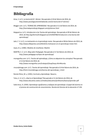 El Aprendizaje

Bibliografía
Arias, S. (s.f.). La teoria de B.F. Skinner. Recuperado el 10 de febrero de 2014, de
http://www.psicologicamentehablando.com/la-teoria-de-b-f-skinner/
Blogger.com. (s.f.). TEORIAS DEL APRENDIZAJE. Recuperado el 11 de febrero de 2014, de
http://teoriadaprendizaje.blogspot.com/p/skinner.html
blogspot.es. (s.f.). Introduccion a las Teorias del aprendizaje. Recuperado el 09 de febrero de
2014, de http://guillermo24.blogspot.es/1252920780/introduccion-a-las-teorias-delaprendizaje/
Jaén, F. V. (s.f.). La motivación en el aprendizaje motor. Recuperado el 08 de febrero de 2014, de
http://www.efdeportes.com/efd142/la-motivacion-en-el-aprendizaje-motor.htm
Joyce, B. y. (1985). Modelos de enseñanza. Madrid.
MARTÍN, C. C. (s.f.). Blog sobre Pedagogía. Recuperado el 17 de febrero de 2014, de
http://www.pedagogia.es/tipos-de-aprendizaje/
monografias.com. (s.f.). Teorías del aprendizaje, ¿Cómo se adquieren los conceptos? Recuperado
el 12 de febrero de 2014, de
http://www.monografias.com/trabajos5/teap/teap.shtml#condu
rincondelvago.com. (s.f.). Teorías del aprendizaje. Recuperado el 14 de febrero de 2014, de
http://html.rincondelvago.com/teorias-del-aprendizaje_1.html
Román Pérez, M. y. (1991). Currículo y Aprendizaje. Navarra.
Talca, U. d. (s.f.). ¿Qué es el Aprendizaje? Recuperado el 11 de febrero de 2014, de
http://www.educativo.utalca.cl/medios/educativo/profesores/basica/aprender.pdf
Valle Arias, A. (1993). Aprendizaje significativo y enfoques de aprendizaje: el papel del alumno en
el proceso de construcción de conocimientos. Revista de Ciencias de la educación nº 156.

Grados Horna, Carlos Rubén
27

 