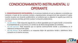 DOCENTE: Enrique Sarango Zárate
CONDICIONAMIENTO INSTRUMENTAL U
OPERANTE
1. CONDICIONAMIENTO INSTRUMENTAL: Es el proceso mediante el cual se adquiere o consolida una
conducta a través de los sucesivos tanteos y equivocaciones (ensayo-error) que presenta el sujeto
cuando resuelve una situación problemática. La conducta que se adquiere es aquella que entre las
muchas conductas emitidas permitió resolver la situación problemática.
1.2. Leyes
• Ley del efecto: Toda respuesta seguida de un efecto agradable para el sujeto tiende a incrementar
la probabilidad de su ocurrencia, en cambio las de efecto desagradable son olvidadas.
• Ley del ejercicio: Toda respuesta que se ejercita continuamente tiende a consolidarse en el
repertorio conductual del sujeto.
• Ley del desuso: Si un estímulo y su respuesta dejan de ejercitarse tiende a debilitarse dicha
conexión en el sistema nervioso.
 
