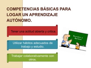 COMPETENCIAS BÁSICAS PARA 
LOGAR UN APRENDIZAJE 
AUTÓNOMO. 
Tener una actitud abierta y critica. 
Utilizar hábitos adecuados de 
trabajo y estudio. 
Trabajar colaborativamente con 
otros. 
 
