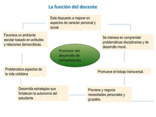 La función del docente Promueve el trabajo transversal. Se interesa en comprender problemáticas disciplinarias y de desarrollo moral. Favorece un ambiente escolar basado en actitudes y relaciones democráticas. Está dispuesto a mejorar en aspectos de carácter personal y social. Problematiza aspectos de la vida cotidiana Desarrolla estrategias que fortalecen la autonomía del estudiante Previene y negocia necesidades personales y grupales. Promotor del desarrollo de competencias  