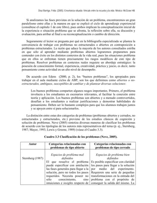 Díaz Barriga, Frida. (2005). Enseñanza situada: Vínculo entre la escuela y la vida. México: McGraw Hill. 
Si analizamos las fases previstas en la solución de un problema, encontraremos un gran paralelismo entre ellas y la manera en que se explicó el ciclo de aprendizaje experiencial (consúltese el capítulo 1 de este libro), pues ambos implican la conceptualización inicial de la experiencia o situación problema que se afronta, la reflexión sobre ella, su discusión y evaluación, para arribar al final a su reconceptualización o cambio de dirección. 
Seguramente el lector se pregunta por qué en la bibliografía especializada se plantea la conveniencia de trabajar con problemas no estructurados o abiertos en contraposición a problemas estructurados. La razón que aduce la mayoría de los autores consultados estriba en que sólo al aprender mediante problemas abiertos lograremos prepararnos para contender con éxito en los distintos contextos de la vida real, pues las situaciones problema que en ellos se enfrentan tienen precisamente los rasgos modélicos de este tipo de problemas. Resolver problemas en contextos reales requiere un abordaje estratégico: la posesión de conocimiento formal, experiencia, creatividad, práctica y juicio, es decir, tanto pensamiento como actividad en un alto nivel de desempeño. 
De acuerdo con Edens (2000, p. 2), los “buenos problemas”, los apropiados para trabajar en el aula mediante ciclos de ABP, son los que definimos como abiertos o no- estructurados, ambiguos, susceptibles de cambiar y de plantear diversas soluciones: 
Los buenos problemas comparten algunos rasgos importantes. Primero, el problema involucra a los estudiantes en escenarios relevantes, al facilitar la conexión entre teoría y aplicación. Los buenos problemas son abiertos y a menudo controvertidos, desafían a los estudiantes a realizar justificaciones y demostrar habilidades de pensamiento. Deben ser lo bastante complejos para que los alumnos trabajen juntos y se apoyen entre sí para solucionarlos. 
La distinción entre estas dos categorías de problemas (problemas abiertos y cerrados, no estructurados y estructurados, etc.) proviene de los estudios clásicos de cognición y solución de problemas. Neve (2005) sintetiza diversas maneras de clasificar los problemas de acuerdo con las tipologías de los autores más representativos del tema (p. ej., Sternberg, 1987; Mayer, 1993; Lewis y Greene, 1989) (véase el Cuadro 3.3). 
Cuadro 3.3 Clasificación de los problemas (Neve, 2005). 
Autor 
Categorías relacionadas con problemas de tipo abierto 
Categorías relacionadas con problemas de tipo cerrado 
Sternberg (1987) 
Espacios de problema mal definidos 
El que resuelve el problema puede especificar con antelación las fases generales para llegar a la solución, pero no todos los pasos requeridos. Necesita poseer no sólo conocimiento, sino intuiciones e insights respecto de 
Espacios de problema bien definidos 
Es posible especificar con claridad los pasos para llegar a la solución por medio del experimento. Requieren una serie de pequeñas transformaciones en la entrada del problema con el propósito de conseguir la salida del mismo. La  