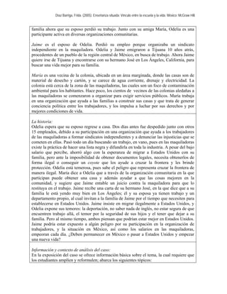 Díaz Barriga, Frida. (2005). Enseñanza situada: Vínculo entre la escuela y la vida. México: McGraw Hill. 
familia ahora que su esposo perdió su trabajo. Junto con su amiga María, Odelia es una participante activa en diversas organizaciones comunitarias. 
Jaime es el esposo de Odelia. Perdió su empleo porque organizaba un sindicato independiente en la maquiladora. Odelia y Jaime emigraron a Tijuana 10 años atrás, procedentes de un pueblo de la región central de México, en busca de trabajo. Ahora Jaime quiere irse de Tijuana y encontrarse con su hermano José en Los Ángeles, California, para buscar una vida mejor para su familia. 
María es una vecina de la colonia, ubicada en un área marginada, donde las casas son de material de desecho y cartón, y se carece de agua corriente, drenaje y electricidad. La colonia está cerca de la zona de las maquiladoras, las cuales son un foco de contaminación ambiental para los habitantes. Hace poco, los cientos de vecinos de las colonias aledañas a las maquiladoras se comenzaron a organizar para exigir servicios públicos. María trabaja en una organización que ayuda a las familias a construir sus casas y que trata de generar conciencia política entre los trabajadores, y los impulsa a luchar por sus derechos y por mejores condiciones de vida. 
La historia: 
Odelia espera que su esposo regrese a casa. Dos días antes fue despedido junto con otros 15 empleados, debido a su participación en una organización que ayuda a los trabajadores de las maquiladoras a formar sindicatos independientes y a denunciar las injusticias que se cometen en ellas. Pasó todo un día buscando un trabajo, en vano, pues en las maquiladoras existe la práctica de hacer una lista negra y difundirla en toda la industria. A pesar del bajo salario que percibe, ahorró algo con la esperanza de migrar a Estados Unidos con su familia, pero ante la imposibilidad de obtener documentos legales, necesita obtenerlos de forma ilegal o conseguir un coyote que los ayude a cruzar la frontera y les brinde protección. Odelia está temerosa, pues sabe el peligro que representa cruzar la frontera de manera ilegal. María dice a Odelia que a través de la organización comunitaria en la que participan puede obtener una casa y además ayudar a que las cosas mejoren en la comunidad, y sugiere que Jaime entable un juicio contra la maquiladora para que lo restituya en el trabajo. Jaime recibe una carta de su hermano José, en la que dice que a su familia le está yendo muy bien en Los Ángeles; él y su esposa ya tienen trabajo y un departamento propio, al cual invitan a la familia de Jaime por el tiempo que necesiten para establecerse en Estados Unidos. Jaime insiste en migrar ilegalmente a Estados Unidos, y Odelia expone sus temores: la deportación, no saber nada de inglés, no estar segura de que encuentren trabajo allá, el temor por la seguridad de sus hijos y el tener que dejar a su familia. Pero al mismo tiempo, ambos piensan que podrían estar mejor en Estados Unidos. Jaime podría estar expuesto a algún peligro por su participación en la organización de trabajadores, y la situación en México, así como los salarios en las maquiladoras, empeoran cada día. ¿Deben permanecer en México o pasar a Estados Unidos y empezar una nueva vida? 
Información y contexto de análisis del caso: 
En la exposición del caso se ofrece información básica sobre el tema, la cual requiere que los estudiantes amplíen y reformulen; abarca los siguientes tópicos:  