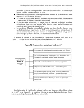 Díaz Barriga, Frida. (2005). Enseñanza situada: Vínculo entre la escuela y la vida. México: McGraw Hill. 
problemas y planear cómo prevenir o remediar estas situaciones, así como lograr que los alumnos tomen conciencia de ellas. 
• Observar y dar seguimiento al desempeño de los alumnos en los momentos o pasos cruciales en la solución del problema. 
• En el caso de la educación primaria, un reto es lograr que los adultos tomen en serio y apoyen las actividades de trabajo de los alumnos. 
• En la educación secundaria, el mayor reto es encontrar problemas genuinos, estimulantes, situaciones que “atrapen” a los alumnos y cuya resolución les permita asumir perspectivas y roles muy distintos. 
• Los profesores deben dar prioridad a las actitudes que desarrollan los alumnos como resultado de trabajar experiencias de ABP; en particular, destaca la importancia de que los alumnos sepan que deben resolver un problema importante, real, y que las soluciones que aporten, beneficien a su escuela o su comunidad. 
A manera de síntesis de las características y principios revisados hasta aquí, en la Figura 3.2 el lector encontrará un esquema con los aspectos nodales del ABP. 
Figura 3.2 Características centrales del modelo ABP 
Experiencias de aprendizaje y enseñanza centradas en el alumno 
Las situaciones problema constituyen el foco organizativo de la instrucción y el principal estímulo para el aprendizaje 
Vinculado a contextos auténticos en un marco cooperativo 
El profesor es un facilitador, o tutor, y entrenador cognitivo 
Los problemas son el vehículo para el desarrollo de habilidades complejas de solución de problemas y toma de decisiones 
La nueva información se adquiere por medio del aprendizaje autodirigido 
Aprendizaje basado en problemas 
ABP 
Con la intención de clarificar los roles del profesor, del alumno y del problema mismo en el ABP, en el Cuadro 3.1 se sintetizan éstos, y se adapta el planteamiento del Centro para el Aprendizaje Basado en Problemas antes citado.  