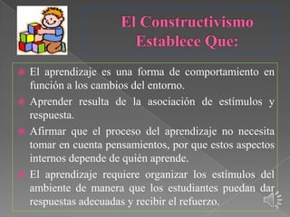  El aprendizaje es una forma de comportamiento en
  función a los cambios del entorno.
 Aprender resulta de la asociación de estímulos y
  respuesta.
 Afirmar que el proceso del aprendizaje no necesita
  tomar en cuenta pensamientos, por que estos aspectos
  internos depende de quién aprende.
 El aprendizaje requiere organizar los estímulos del
  ambiente de manera que los estudiantes puedan dar
  respuestas adecuadas y recibir el refuerzo.
 