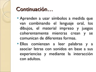 Continuación… Aprenden a usar símbolos a medida que van combinando el lenguaje oral, los dibujos, el material impreso y juegos coherentemente mientras crean y se comunican de diferentes formas. Ellos comienzan a leer palabras y a asociar letras con sonidos en base a sus experiencias y mediante la interacción con adultos. 