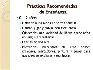 Prácticas Recomendadas  de Enseñanza 0 – 2 años Hablarle a los niños en forma sencilla. Cantar, jugar y hablar con frecuencia. Ofrecerles una variedad de libros apropiados en lenguaje y material. Leerles en voz alta. Proveerles materiales de arte como: crayones, marcadores, pintura y papel para que puedan explorar y manipular. 