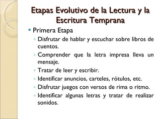 Etapas Evolutivo de la Lectura y la Escritura Temprana Primera Etapa Disfrutar de hablar y escuchar sobre libros de cuentos. Comprender que la letra impresa lleva un mensaje. Tratar de leer y escribir. Identificar anuncios, carteles, rótulos, etc. Disfrutar juegos con versos de rima o ritmo. Identificar algunas letras y tratar de realizar sonidos. 