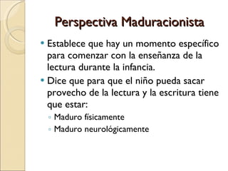 Perspectiva Maduracionista Establece que hay un momento específico para comenzar con la enseñanza de la lectura durante la infancia. Dice que para que el niño pueda sacar provecho de la lectura y la escritura tiene que estar: Maduro físicamente Maduro neurológicamente 