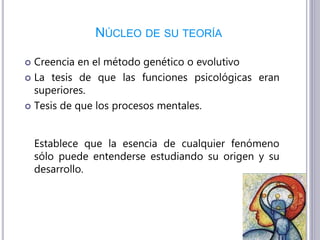 NÚCLEO DE SU TEORÍA
 Creencia en el método genético o evolutivo
 La tesis de que las funciones psicológicas eran
superiores.
 Tesis de que los procesos mentales.
Establece que la esencia de cualquier fenómeno
sólo puede entenderse estudiando su origen y su
desarrollo.
 