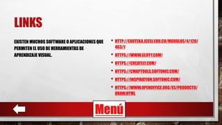 LINKS
EXISTEN MUCHOS SOFTWARE O APLICACIONES QUE
PERMITEN EL USO DE HERRAMIENTAS DE
APRENDIZAJE VISUAL.
• HTTP://EDUTEKA.ICESI.EDU.CO/MODULOS/4/120/
463/1
• HTTPS://WWW.GLIFFY.COM/
• HTTPS://CREATELY.COM/
• HTTPS://CMAPTOOLS.SOFTONIC.COM/
• HTTPS://INSPIRATION.SOFTONIC.COM/
• HTTPS://WWW.OPENOFFICE.ORG/ES/PRODUCTO/
DRAW.HTML
Menú
 
