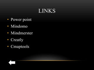 LINKS
• Power point
• Mindomo
• Mindmerster
• Creatly
• Cmaptools
 