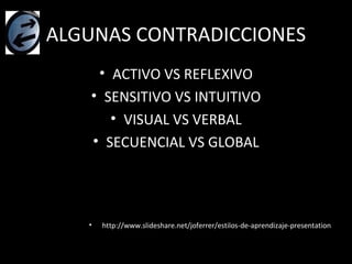 ALGUNAS CONTRADICCIONES <ul><li>ACTIVO VS REFLEXIVO </li></ul><ul><li>SENSITIVO VS INTUITIVO </li></ul><ul><li>VISUAL VS V...