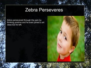 Zebra Perseveres
Zebra persevered through the pain by
thinking positive and he even joined a art
class but he left.
 