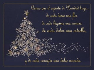 Quiero que el espíritu de Navidad haga...  de cada deseo una flor de cada lágrima una sonrisa de cada dolor una estrella,  y de cada corazón una dulce morada. 