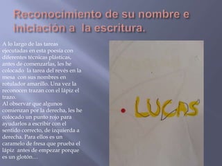 A lo largo de las tareas
ejecutadas en esta poesía con
diferentes técnicas plásticas,
antes de comenzarlas, les he
colocado la tarea del revés en la
mesa con sus nombres en
rotulador amarillo. Una vez la
reconocen trazan con el lápiz el
trazo.
Al observar que algunos
comienzan por la derecha, les he
colocado un punto rojo para
ayudarlos a escribir con el
sentido correcto, de izquierda a
derecha. Para ellos es un
caramelo de fresa que prueba el
lápiz antes de empezar porque
es un glotón…

 
