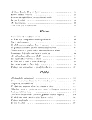 ¿Quién es el dueño del Árbol Rojo? … ………………………………………… 115
Seamos un árbol confiable ……………………………………………………… 122
Establezca sus prioridades y actúe en consecuencia …………………………… 132
La guía del árbol … …………………………………………………………… 136
¿No tengo tiempo? ……………………………………………………………… 139
Gran actor, pero mal empresario … …………………………………………… 147
El tronco
En nosotros está que el árbol crezca …………………………………………… 156
El Árbol Rojo no deja su crecimiento para después …………………………… 160
Crecer continuamente … ……………………………………………………… 162
El árbol, para crecer, aplica a diario lo que sabe … …………………………… 163
Lo que necesita su árbol y lo que no necesita para crecer … ………………… 165
Cuando usted es su propio asesor, termina como usted mismo … …………… 173
Enseñar con el ejemplo, aprender con la práctica ……………………………… 180
¿De qué madera está hecho su árbol? … ……………………………………… 184
Los crecimientos “ridículos” sí sirven … ……………………………………… 187
El Árbol Rojo es como la liebre y la tortuga … ……………………………… 192
Las ventas: la savia del Árbol Rojo … ………………………………………… 196
Un árbol bien administrado es un árbol productivo …………………………… 201
El follaje
¿Hasta cuándo, hasta dónde? …………………………………………………… 212
Cuando confundimos el árbol del limón con el de la lima … ………………… 216
Adaptación y compensación … ………………………………………………… 231
El miedo: una plaga que sólo existe en nuestra mente ………………………… 234
Si invita a otros a su red, muchas cosas buenas podrían pasar ………………… 240
Anticípese a lo inevitable … …………………………………………………… 248
Cómo orientar al elemento que quiere, pero que cree que no puede … ……… 250
El árbol crece todos los días y nunca deja de cambiar ………………………… 264
Un árbol apasionado …………………………………………………………… 267
El ciclo del árbol … …………………………………………………………… 274
 