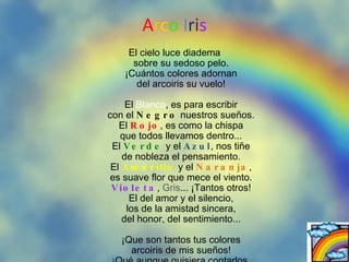 A r c o I r i s El cielo luce diadema sobre su sedoso pelo. ¡Cuántos colores adornan del arcoiris su vuelo! El Blanco , es para escribir con el Negro nuestros sueños. El Rojo , es como la chispa que todos llevamos dentro... El Verde y el Azul , nos tiñe de nobleza el pensamiento. El Amarillo y el Naranja , es suave flor que mece el viento. Violeta , Gris ... ¡Tantos otros! El del amor y el silencio, los de la amistad sincera, del honor, del sentimiento... ¡Que son tantos tus colores arcoiris de mis sueños! ¡Qué aunque quisiera contarlos, no alcanzo a llegar al ciento!